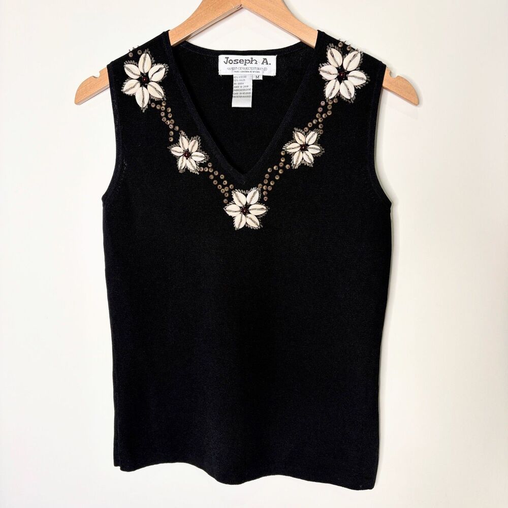 Vintage Joseph A Tank Top V-Neck Black Floral Shell Beaded Boho Beach Women M